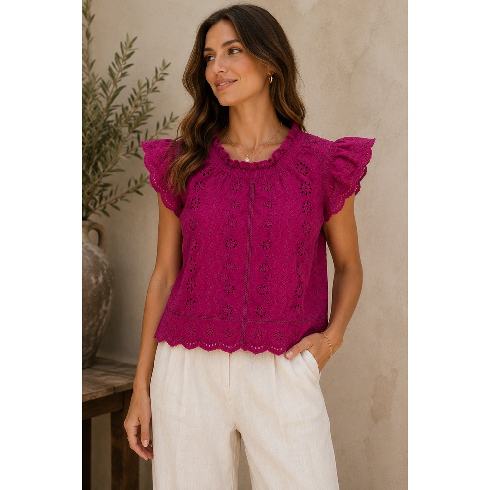 Jennifer Grace 100% Cotton Eyelet Blouse Magenta Puff Sleeve Boho Cottagecore M